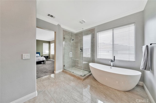 16139 Crooked Creek Ct, Chino Hills, CA 91709 - ensuite bathroom featuring ornamental molding, baseboards, a shower stall, and a freestanding bath
