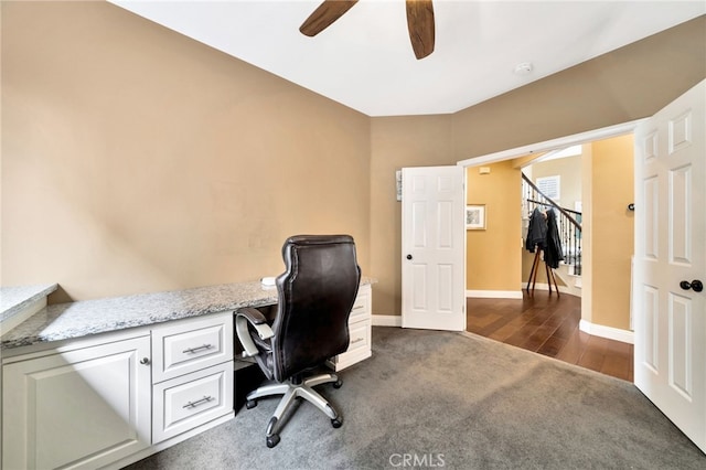 16139 Crooked Creek Ct, Chino Hills, CA 91709 - office space featuring a ceiling fan, dark carpet, and baseboards