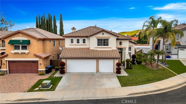 16139 Crooked Creek Ct, Chino Hills, CA 91709 - mediterranean / spanish home featuring a garage, driveway, stucco siding, and a chimney