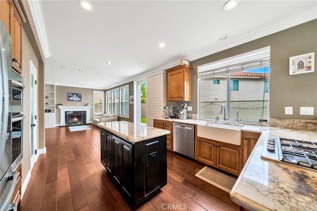 16139 Crooked Creek Ct, Chino Hills, CA 91709 - kitchen with stainless steel appliances, ornamental molding, a sink, dark wood finished floors, and open floor plan