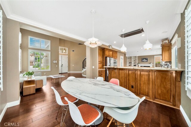 16139 Crooked Creek Ct, Chino Hills, CA 91709 - dining room with baseboards, ornamental molding, dark wood-type flooring, and recessed lighting