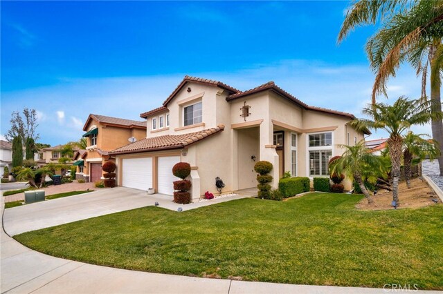 16139 Crooked Creek Ct, Chino Hills, CA 91709 - mediterranean / spanish home with stucco siding, driveway, an attached garage, a tile roof, and a front lawn