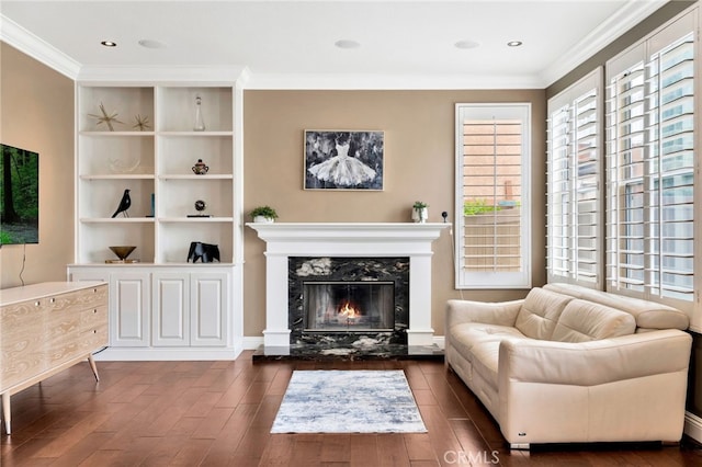 16139 Crooked Creek Ct, Chino Hills, CA 91709 - living room with dark wood-type flooring, ornamental molding, and a high end fireplace