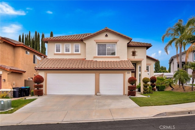 16139 Crooked Creek Ct, Chino Hills, CA 91709 - mediterranean / spanish-style house with an attached garage, a tile roof, stucco siding, concrete driveway, and a front yard