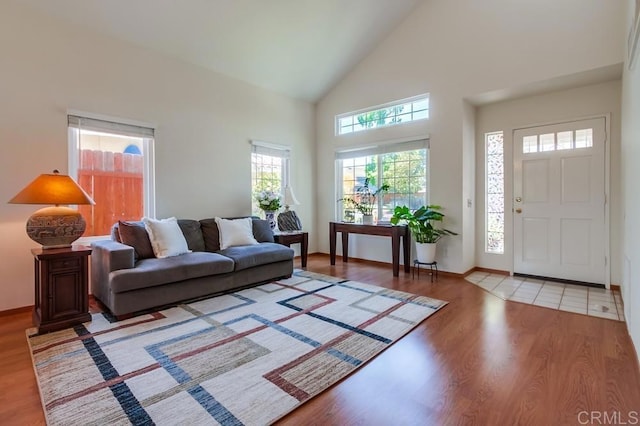 543 Boysenberry Way, Oceanside, CA 92057 - living room with light wood finished floors, high vaulted ceiling, and baseboards