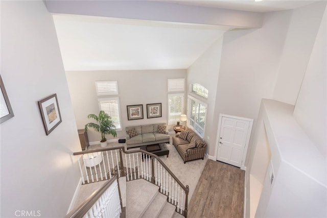 26121 Calle Cresta, Mission Viejo, CA 92692 - living room with plenty of natural light, wood finished floors, high vaulted ceiling, and baseboards