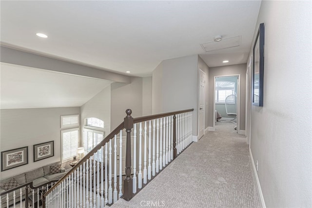 26121 Calle Cresta, Mission Viejo, CA 92692 - corridor featuring carpet flooring, baseboards, recessed lighting, an upstairs landing, and attic access