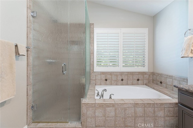 26121 Calle Cresta, Mission Viejo, CA 92692 - full bath featuring a garden tub, vanity, a shower stall, and vaulted ceiling