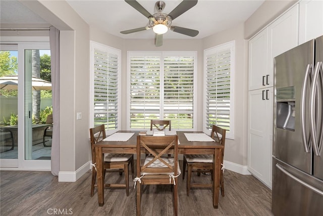 26121 Calle Cresta, Mission Viejo, CA 92692 - dining area featuring baseboards, dark wood-style floors, and ceiling fan