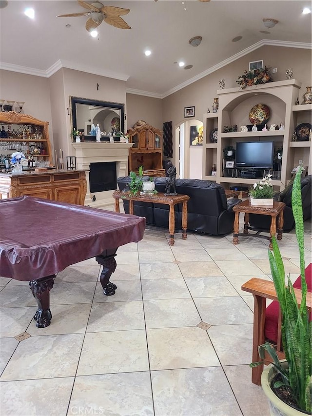6116 Chadbourne Ave, Riverside, CA 92505 - playroom with a ceiling fan, crown molding, vaulted ceiling, billiards table, and light tile patterned flooring