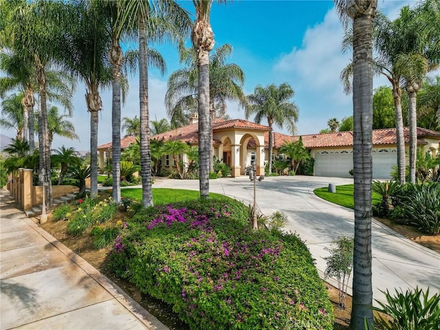 6116 Chadbourne Ave, Riverside, CA 92505 - mediterranean / spanish house featuring a tile roof, curved driveway, and stucco siding