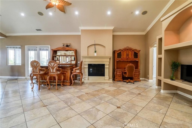 6116 Chadbourne Ave, Riverside, CA 92505 - living room featuring light tile patterned floors, a ceiling fan, ornamental molding, a glass covered fireplace, and recessed lighting