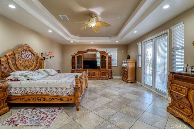 6116 Chadbourne Ave, Riverside, CA 92505 - bedroom with access to outside, a raised ceiling, a ceiling fan, and recessed lighting