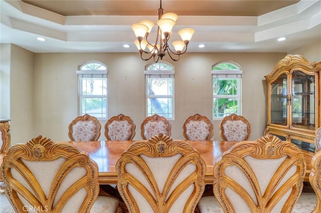 6116 Chadbourne Ave, Riverside, CA 92505 - dining area featuring a chandelier, a raised ceiling, and recessed lighting