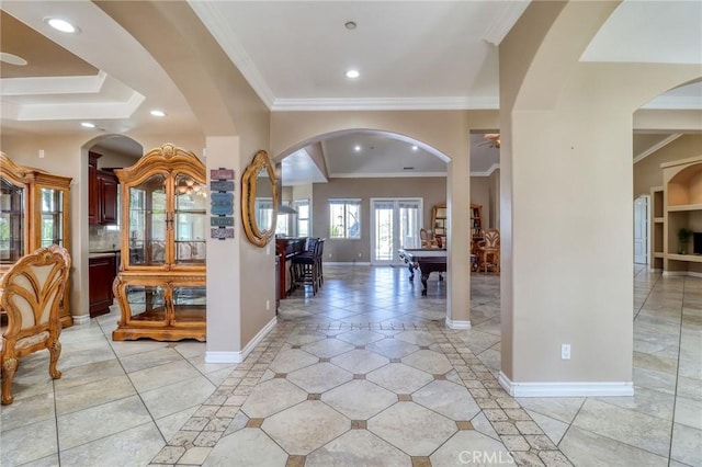 6116 Chadbourne Ave, Riverside, CA 92505 - foyer entrance with crown molding, recessed lighting, and light tile patterned flooring
