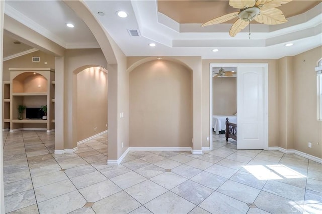 6116 Chadbourne Ave, Riverside, CA 92505 - empty room with ceiling fan, arched walkways, light tile patterned floors, built in shelves, and recessed lighting