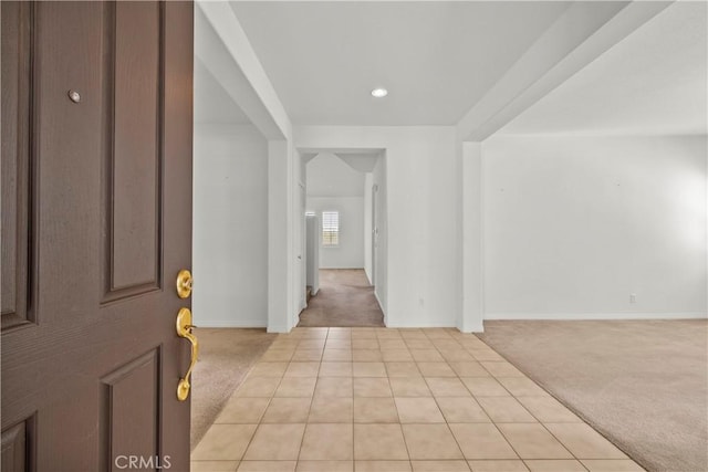 28538 Redwood Canyon Pl, Saugus, CA 91390 - entryway featuring light carpet, baseboards, recessed lighting, and light tile patterned floors