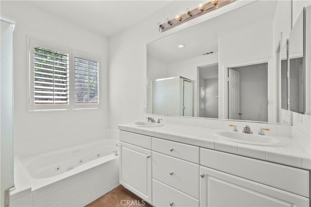 28538 Redwood Canyon Pl, Saugus, CA 91390 - bathroom featuring double vanity, a shower stall, and a whirlpool tub