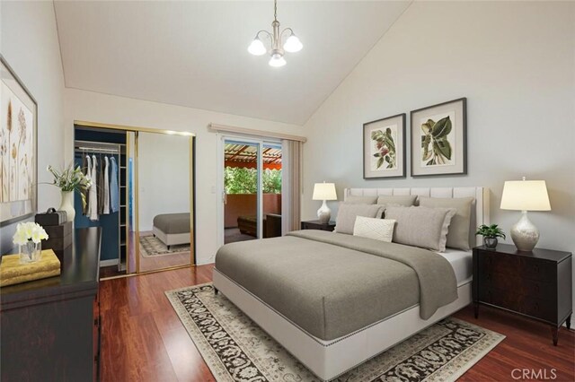 3300 Beaudry, Glendale, CA 91208 - bedroom with a chandelier, access to exterior, a closet, high vaulted ceiling, and dark wood-style floors