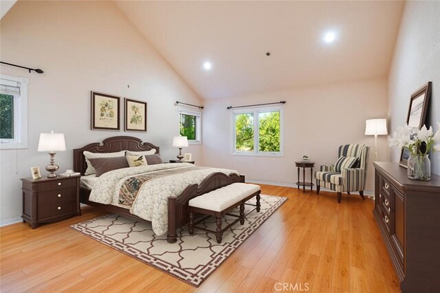 3300 Beaudry, Glendale, CA 91208 - bedroom featuring high vaulted ceiling, multiple windows, recessed lighting, light wood-type flooring, and baseboards