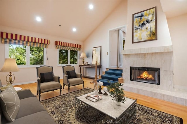3300 Beaudry, Glendale, CA 91208 - living room with wood finished floors, a fireplace, baseboards, high vaulted ceiling, and recessed lighting