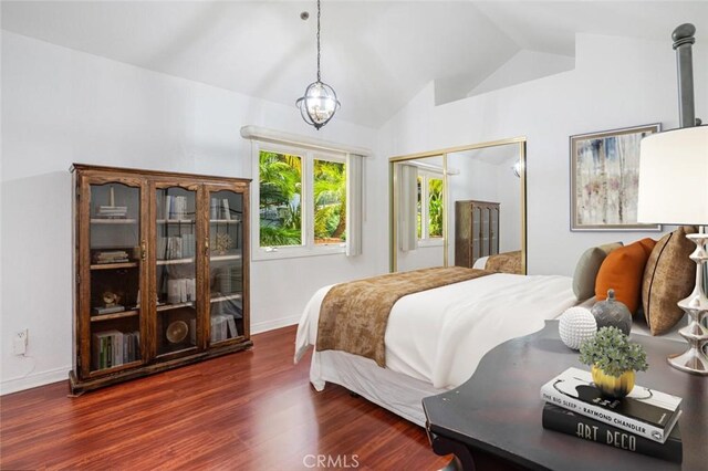 3300 Beaudry, Glendale, CA 91208 - bedroom with lofted ceiling, wood finished floors, a closet, and a chandelier