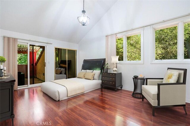 3300 Beaudry, Glendale, CA 91208 - bedroom with multiple windows, access to exterior, wood finished floors, and high vaulted ceiling
