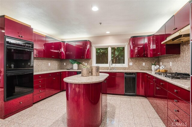 3300 Beaudry, Glendale, CA 91208 - kitchen featuring red cabinetry, under cabinet range hood, backsplash, granite tiled floors, and recessed lighting