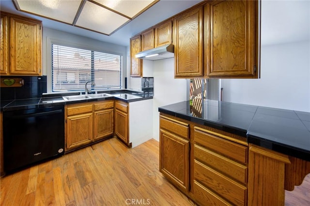 2440 Chandler Ave Unit 4, Simi Valley, CA 93065 - kitchen with black dishwasher, a sink, under cabinet range hood, and tasteful backsplash