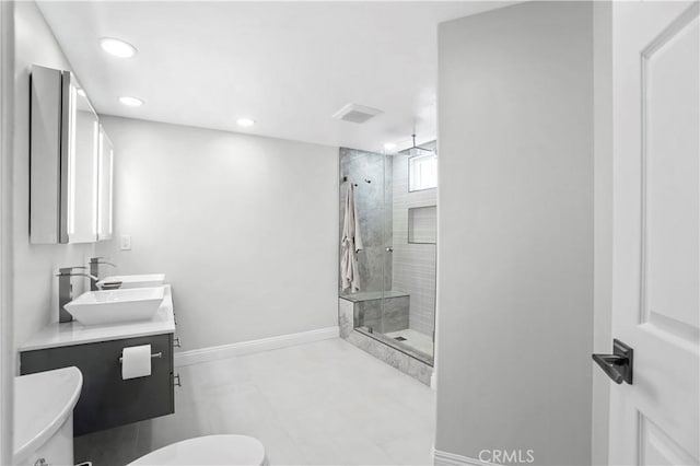 308 S Cabrillo Ave Unit 3, San Pedro, CA 90731 - full bathroom with a shower stall, double vanity, baseboards, recessed lighting, and toilet
