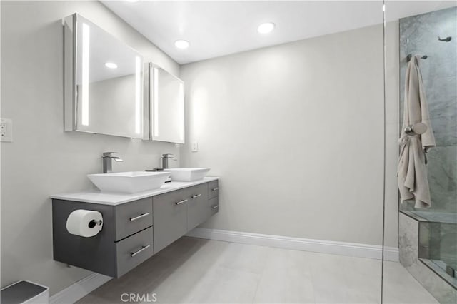 308 S Cabrillo Ave Unit 3, San Pedro, CA 90731 - full bath featuring double vanity, a shower with door, baseboards, and recessed lighting