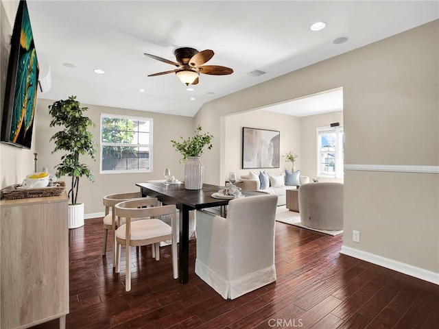 10404 Gaviota Ave, Granada Hills, CA 91344 - dining space featuring dark wood-type flooring, ceiling fan, and recessed lighting
