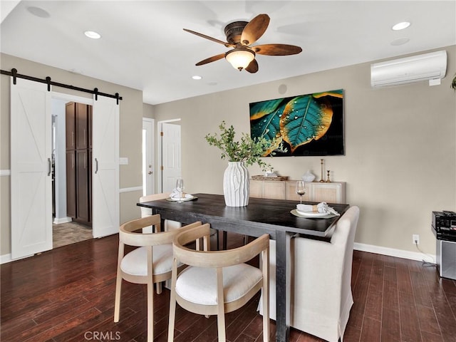 10404 Gaviota Ave, Granada Hills, CA 91344 - dining room featuring a wall unit AC, a ceiling fan, a barn door, wood finished floors, and recessed lighting