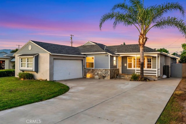10404 Gaviota Ave, Granada Hills, CA 91344 - ranch-style house with concrete driveway, a garage, a shingled roof, stucco siding, and a porch
