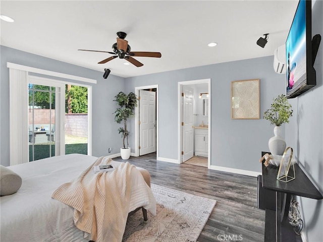 10404 Gaviota Ave, Granada Hills, CA 91344 - bedroom featuring wood finished floors, recessed lighting, a wall unit AC, ceiling fan, and connected bathroom