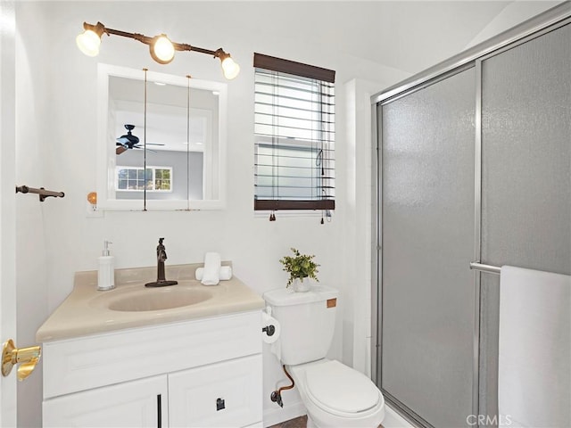 10404 Gaviota Ave, Granada Hills, CA 91344 - full bathroom featuring vanity, a shower stall, a ceiling fan, and plenty of natural light