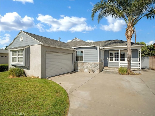 10404 Gaviota Ave, Granada Hills, CA 91344 - single story home with concrete driveway, a garage, a front yard, and roof with shingles