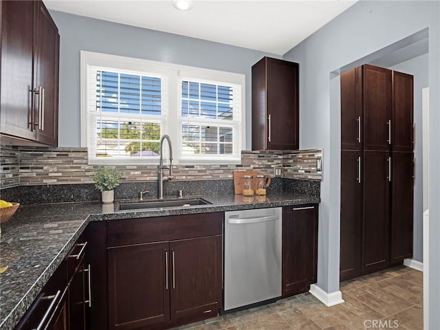 10404 Gaviota Ave, Granada Hills, CA 91344 - kitchen with dishwasher, tasteful backsplash, dark stone counters, and dark brown cabinetry