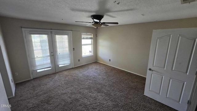12780 Fir St, Oak Hills, CA 92344 - unfurnished room featuring a textured ceiling, french doors, ceiling fan, carpet floors, and baseboards