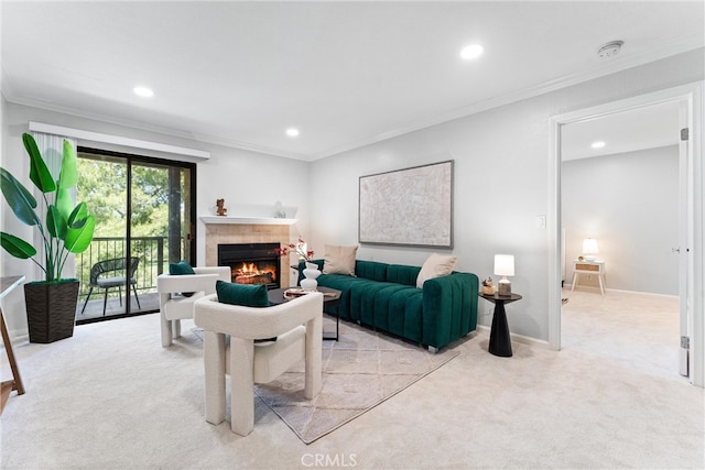 25541 Indian Hill Ln Unit P, Laguna Hills, CA 92653 - living room featuring light carpet, crown molding, recessed lighting, and a fireplace