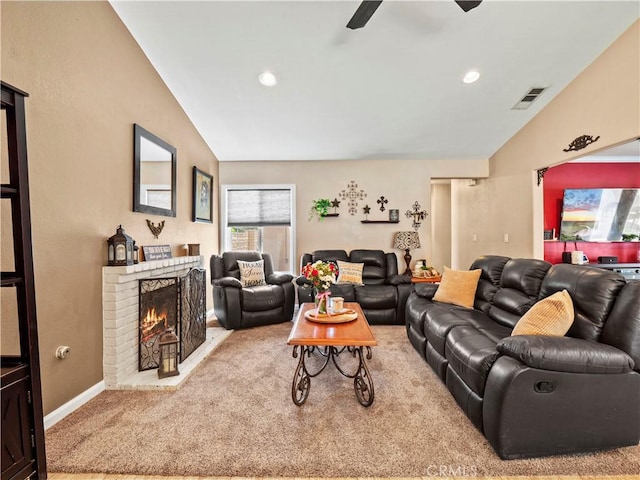 15242 Poppy Meadow St, Canyon Country, CA 91387 - living area featuring vaulted ceiling, carpet floors, a fireplace, a ceiling fan, and recessed lighting