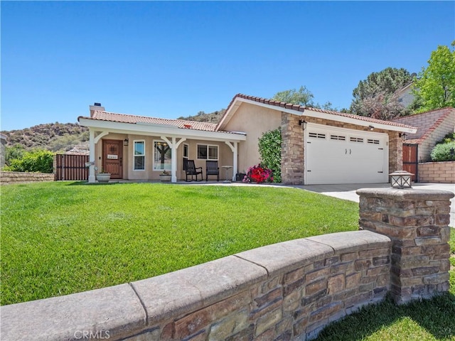 15242 Poppy Meadow St, Canyon Country, CA 91387 - view of front of house with stucco siding, a garage, driveway, a tile roof, and a chimney