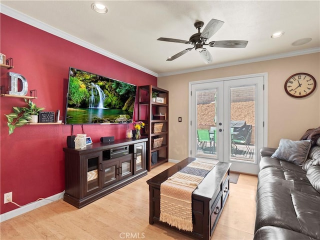 15242 Poppy Meadow St, Canyon Country, CA 91387 - living area with ceiling fan, crown molding, light wood finished floors, baseboards, and french doors