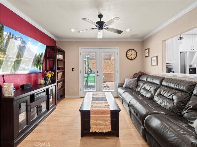 15242 Poppy Meadow St, Canyon Country, CA 91387 - living room with french doors, a ceiling fan, recessed lighting, light wood-type flooring, and ornamental molding