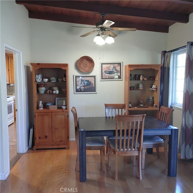 14504 Neargrove Rd, La Mirada, CA 90638 - dining room with ceiling fan, wooden ceiling, and light wood-style floors