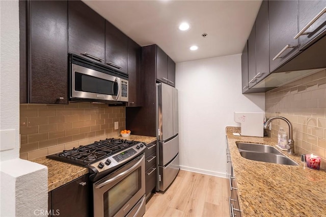 585 N Rossmore Ave Unit 209, Los Angeles, CA 90004 - kitchen featuring stainless steel appliances, a sink, decorative backsplash, light wood-style floors, and baseboards