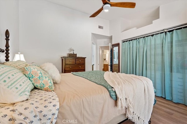 36364 Provence Dr, Murrieta, CA 92562 - bedroom with wood finished floors, a ceiling fan, and a high ceiling
