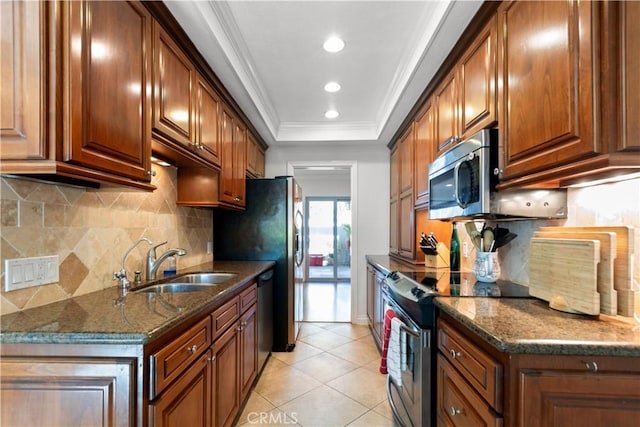 12531 Cluster Pines Rd, Garden Grove, CA 92845 - kitchen with a sink, appliances with stainless steel finishes, ornamental molding, light tile patterned flooring, and backsplash