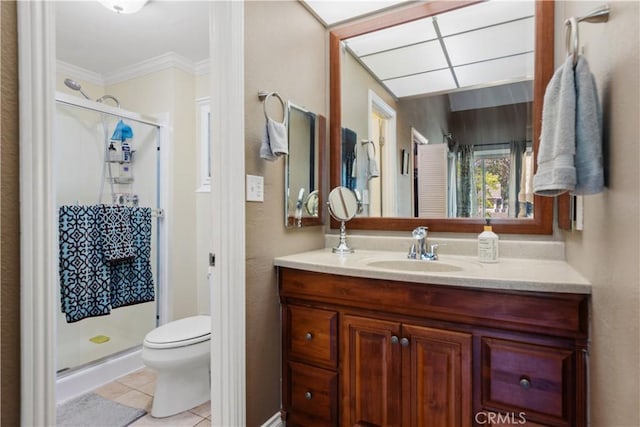 12531 Cluster Pines Rd, Garden Grove, CA 92845 - full bath with toilet, a stall shower, vanity, ornamental molding, and tile patterned flooring