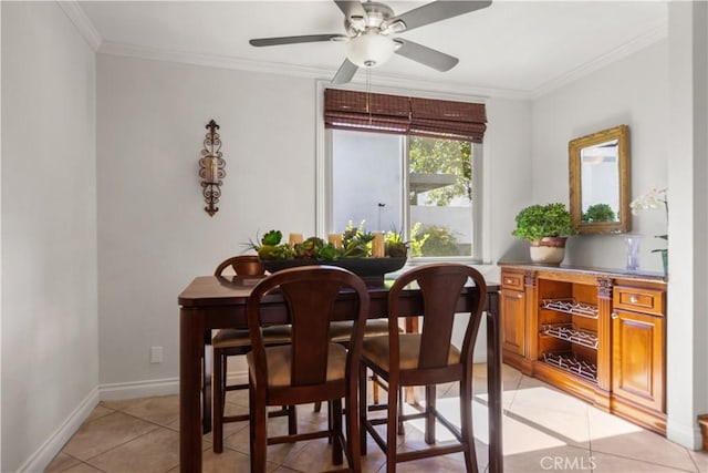 12531 Cluster Pines Rd, Garden Grove, CA 92845 - dining room with ornamental molding, light tile patterned floors, ceiling fan, and baseboards
